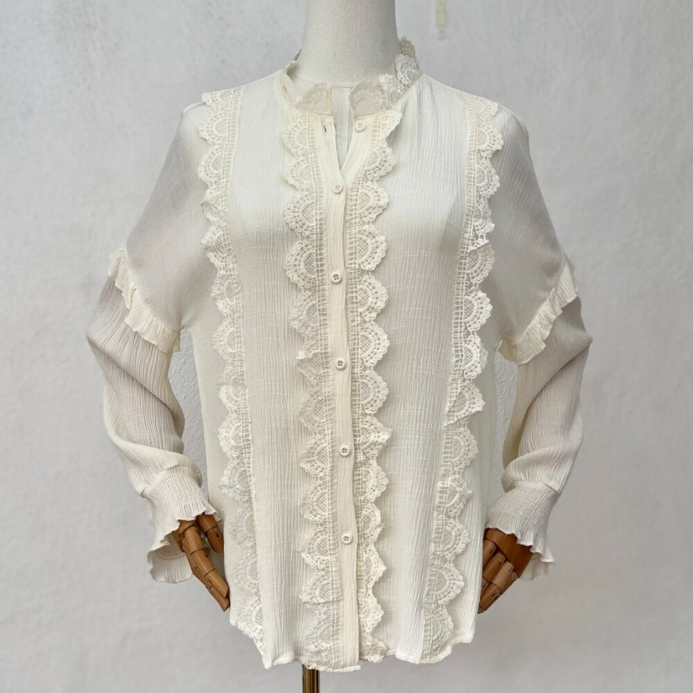 Blu Pepper Ruffly Lace Long Sleeve High Collar Retro Poetcore Button Up Top Sz M - Picture 6 of 15